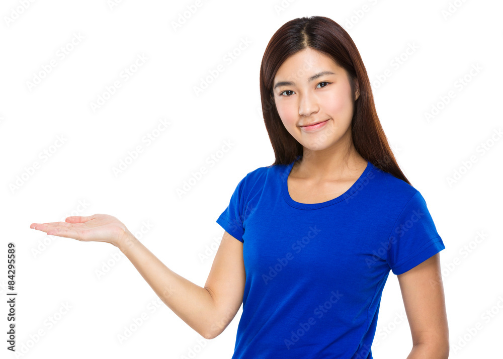 Asian woman with hand show with blank side Asian woman with hand show with blank side