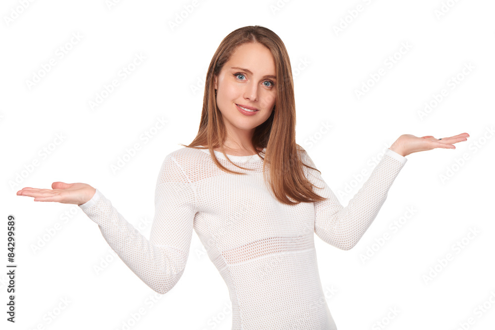 Surprised woman showing open hand palm Surprised woman showing open hand palm