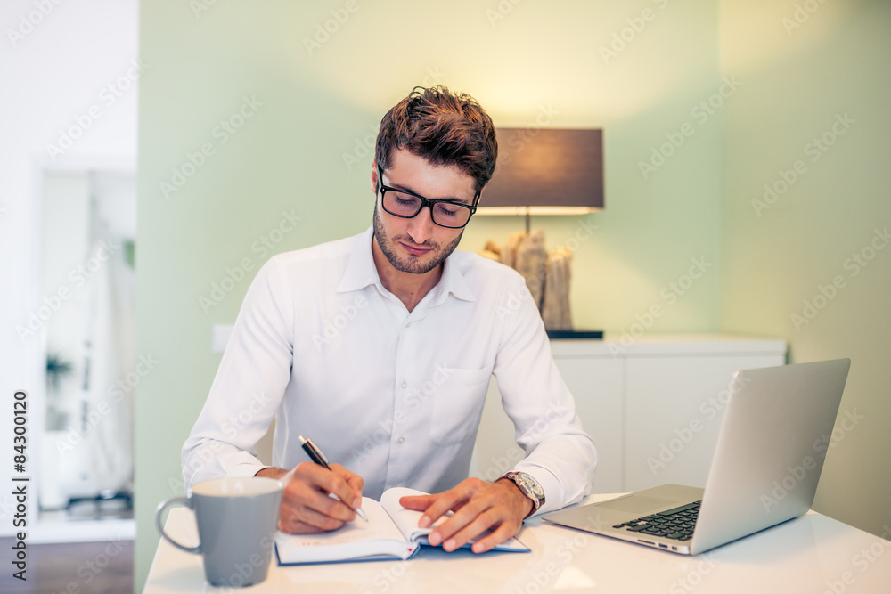Handsome young smiling businessman working from home with a lapt Handsome young smiling businessman working from home with a lapt