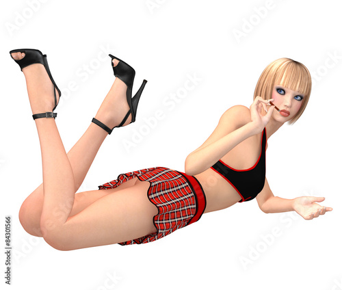 Cute girl in schoolgirl uniform lies on stomach with pencil on h