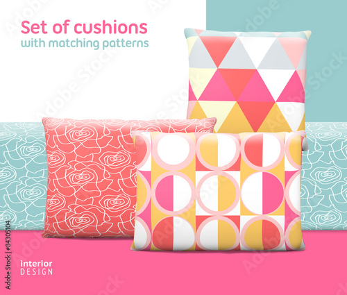 Set of cushions and pillows with matching seamless patterns