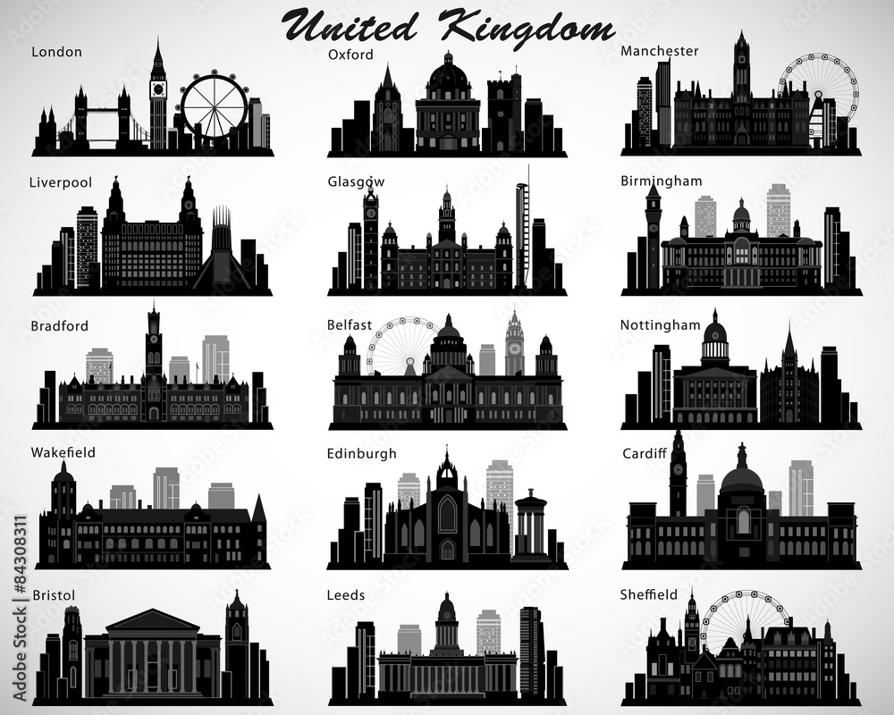 Britain's cities skylines set. Vector silhouettes. UK