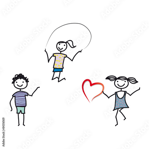 Drei fröhliche Kinder beim Spielen mit Herz, social distance, Abstand halten, covid-19, stay home