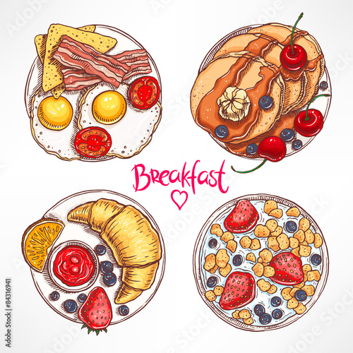 set with four different breakfasts