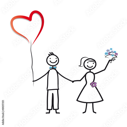 Wir heiraten! Hochzeit feiern, Brautpaar mit Herzluftballon und Brautstrauss - Strichfiguren, Einladung und Dankekarte des Brautpaares, Vektor, isoliert