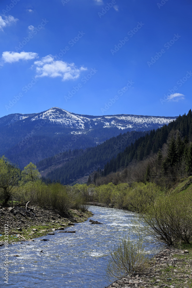 Mountain valley with river in Carpathians