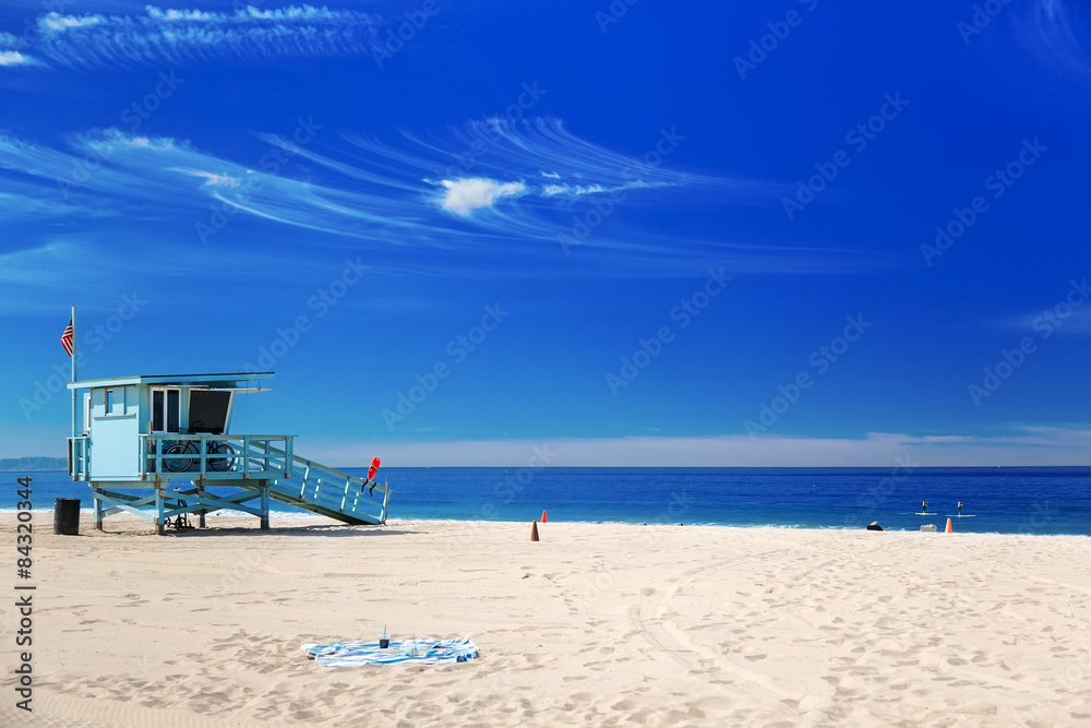 Lifeguard station with american flag on Hermosa beach, Californi Lifeguard station with american flag on Hermosa beach, Californi