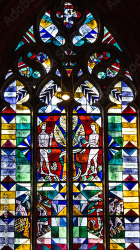 Vitrage window Adam and Eve icon. Interior of church Bremen 