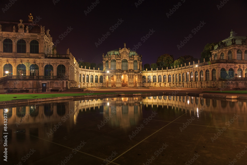 Dresden Zwinger palace panorama with illumination at night and w