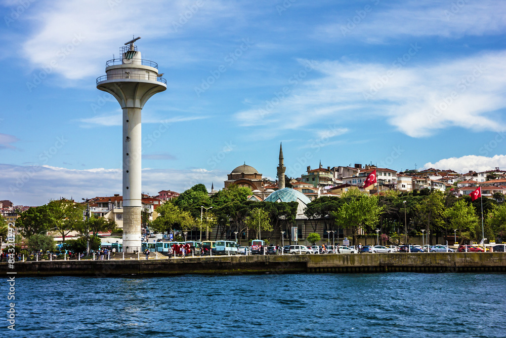 Panoramic view lighthouse on sea front in Istanbul, Turkey.