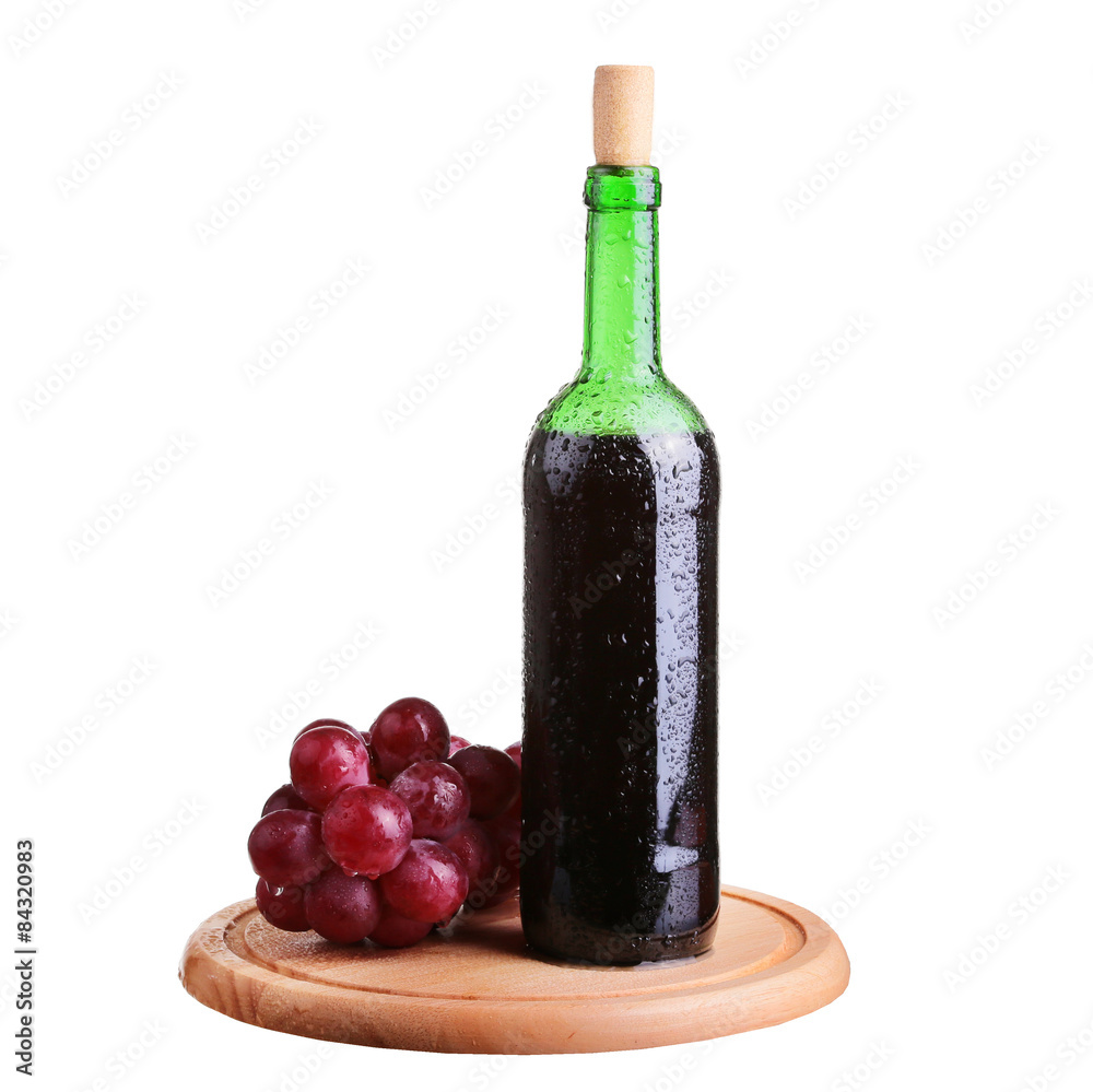 Obraz premium wine glass with red wine, bottle of wine and grapes isolated over white background