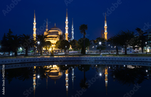 Blue mosque (Sultan Ahmed) is reflected in water, Istanbul