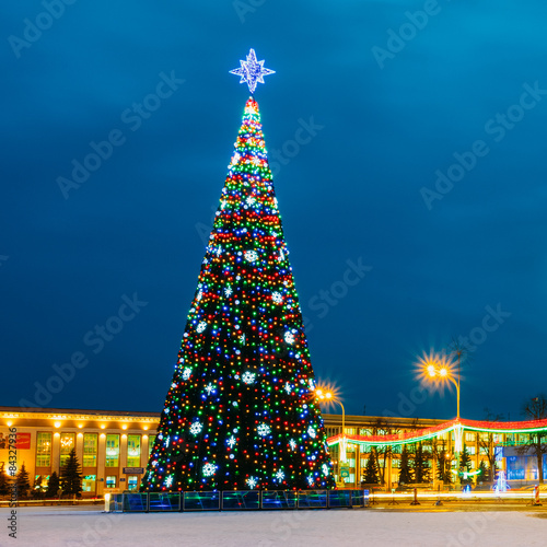 Christmas Tree And Festive Illumination On Lenin Square In Gomel