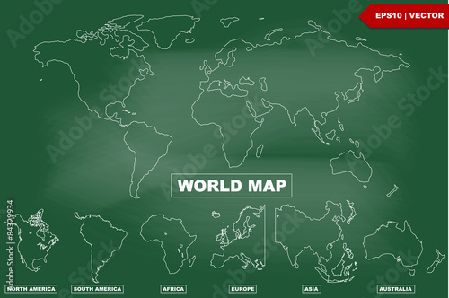 Drawing of world map and continents Atlas on blackboard