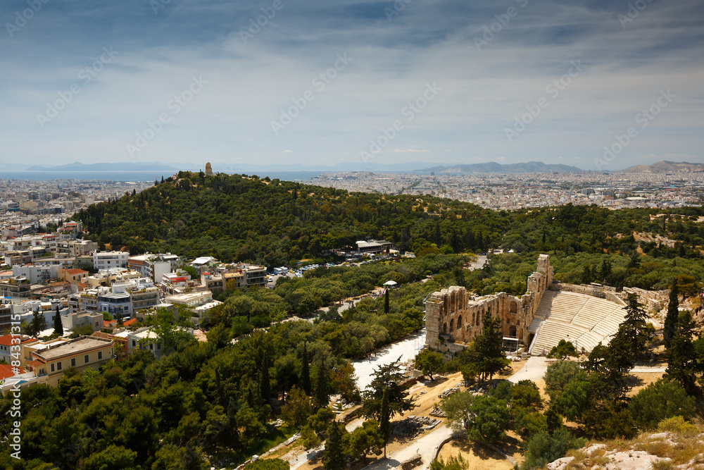 View of Filopappos Hill and Odeon from Acropolis, Greece.