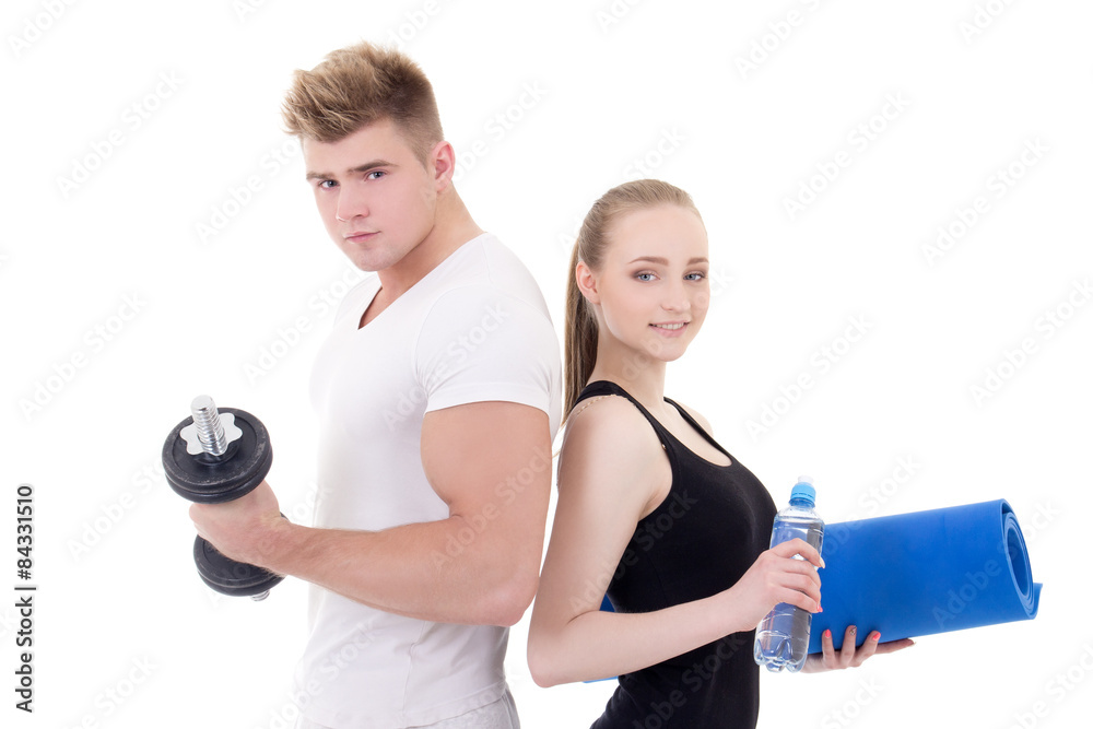 portrait of man and woman in sportswear with dumbbells and yoga portrait of man and woman in sportswear with dumbbells and yoga