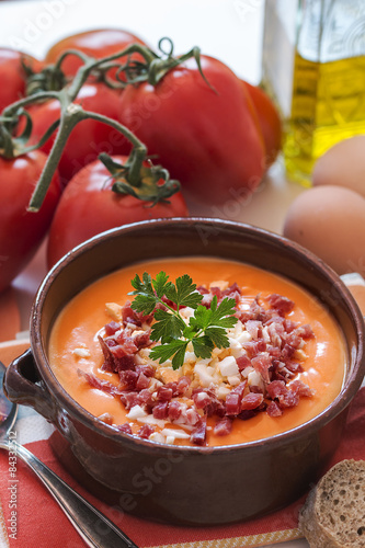 Tomato salmorejo soup in a bowl, spanish food