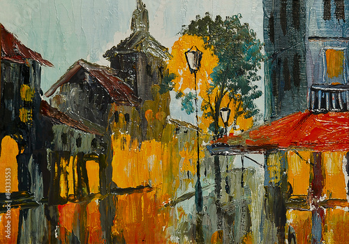 Oil painting - Street in rainy weather, abstract art, impressionism