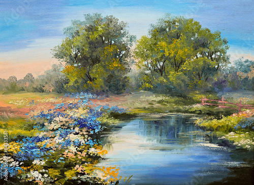 Oil painting landscape - river in the forest, colorful fields of flowers