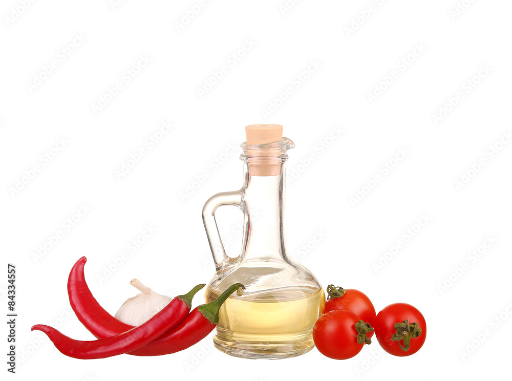 Ingredients for pasta. Spaghetti,cherie,chili, oil, garlic isolated on white