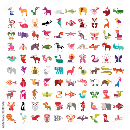 Huge set of flat design vector icons of animals, birds, insects and fish.