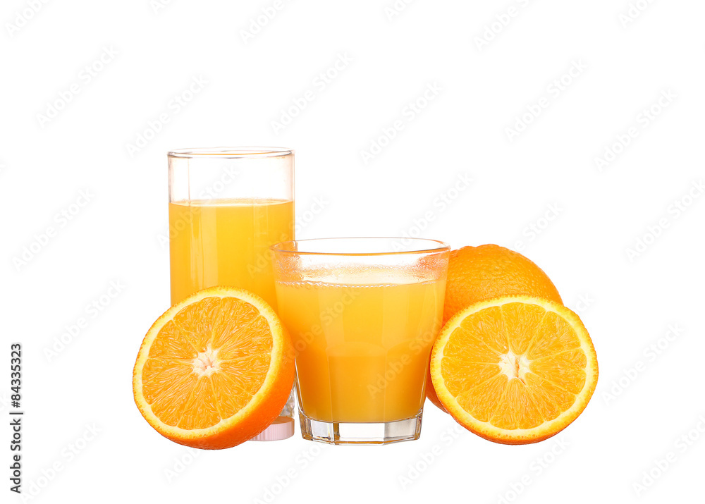 Glass of freshly pressed orange juice with sliced orange Glass of freshly pressed orange juice with sliced orange