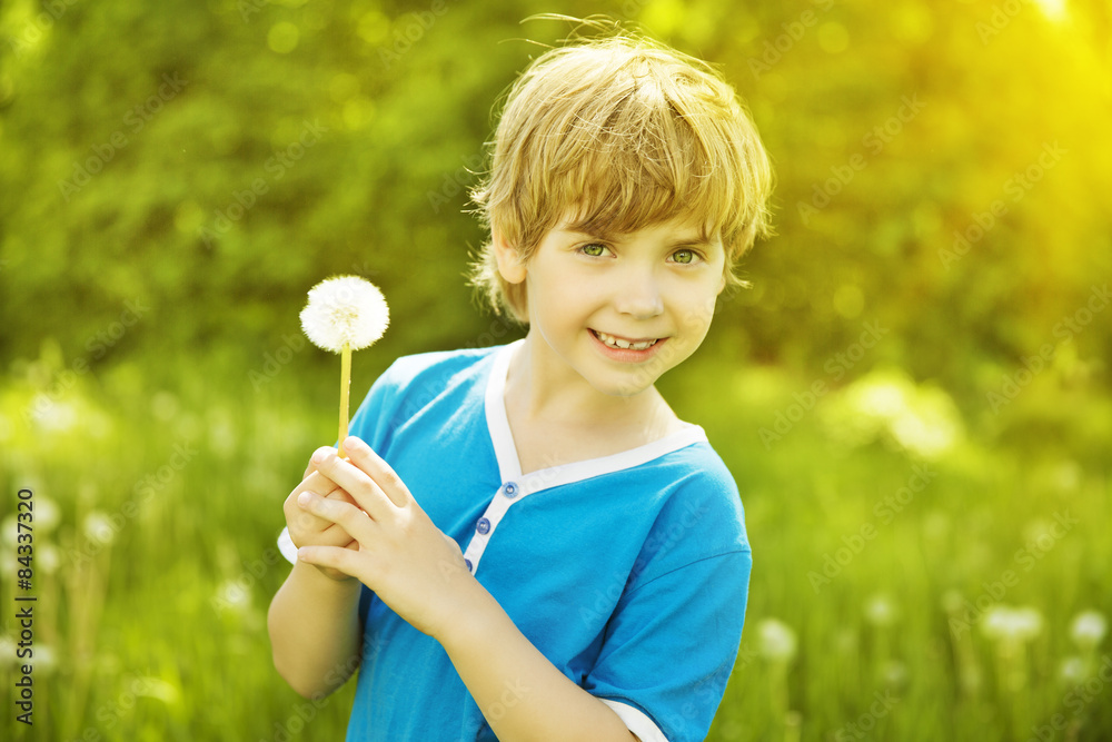 Child Portrait Outdoor with Dandelion, Little Boy Fashion Beauty Child Portrait Outdoor with Dandelion, Little Boy Fashion Beauty