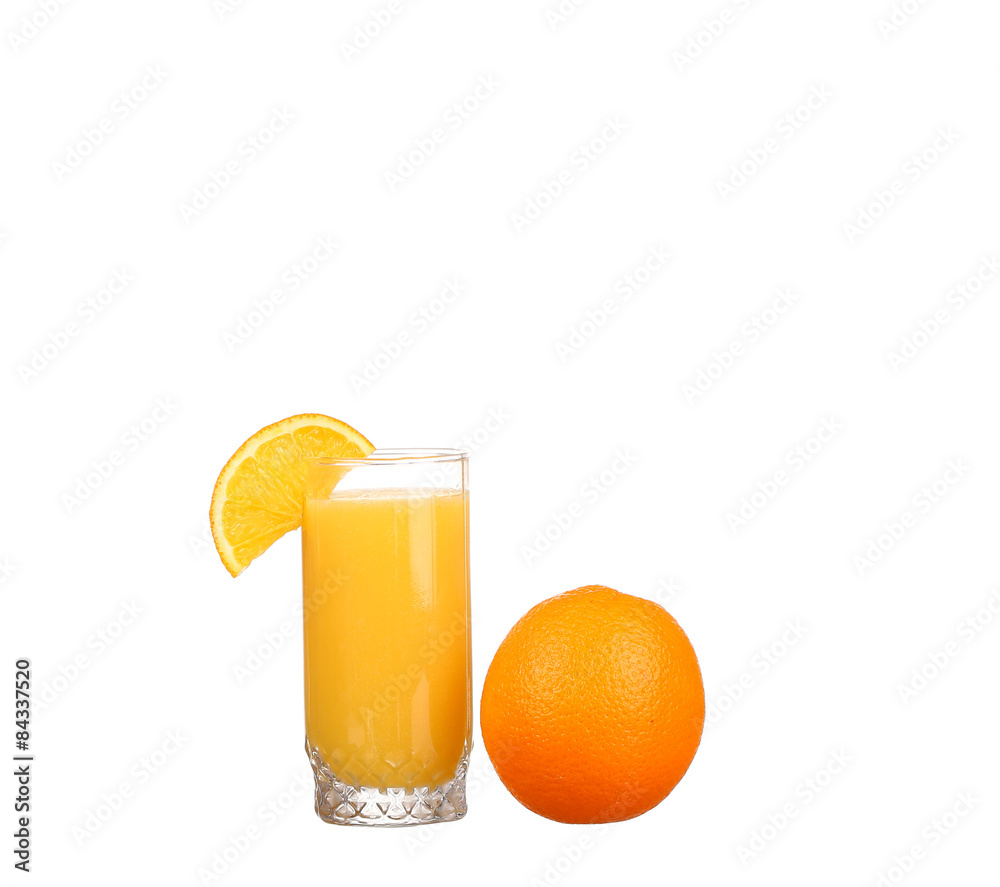 Orange juice and slices of orange isolated on white Orange juice and slices of orange isolated on white