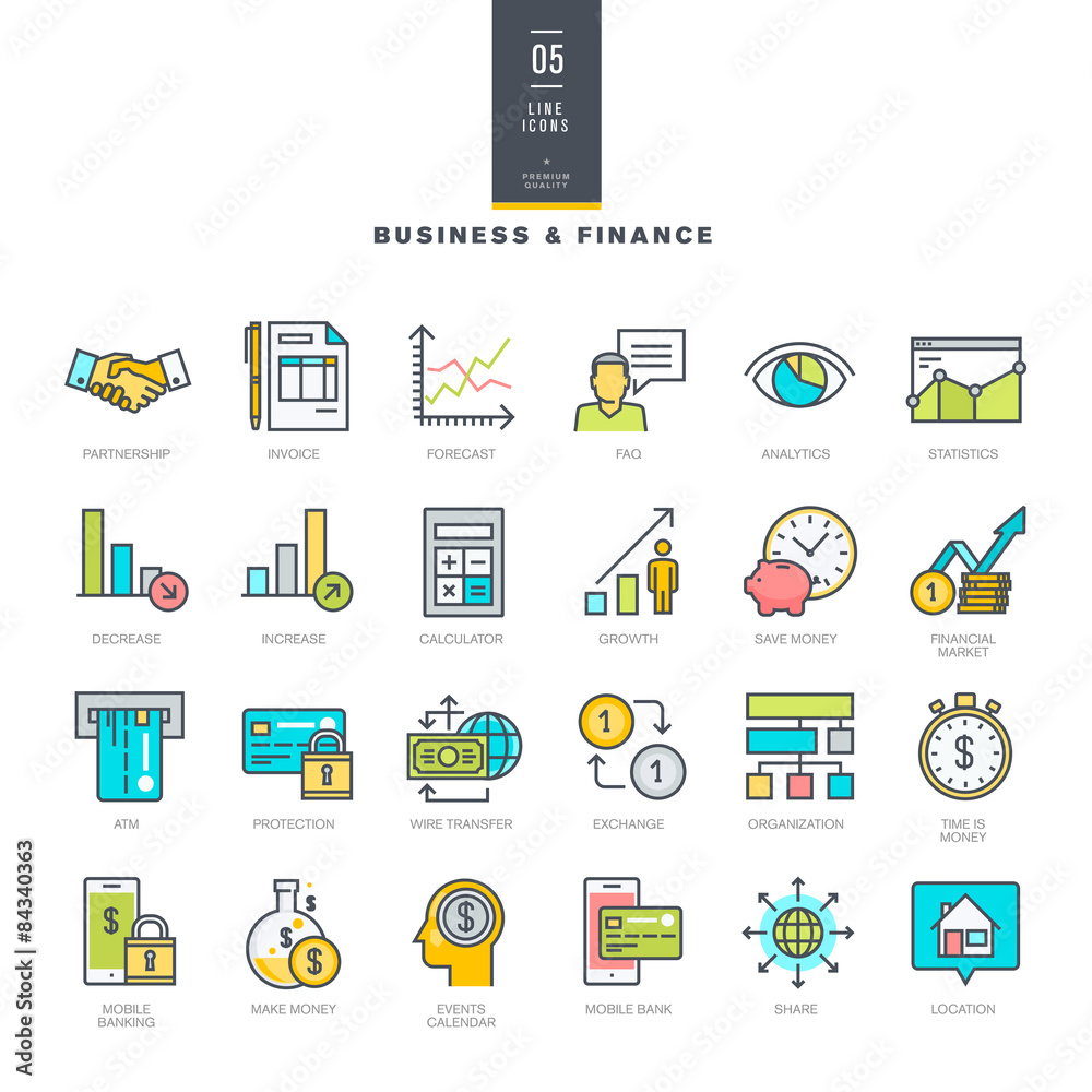 Set of line modern color icons for business and finance    