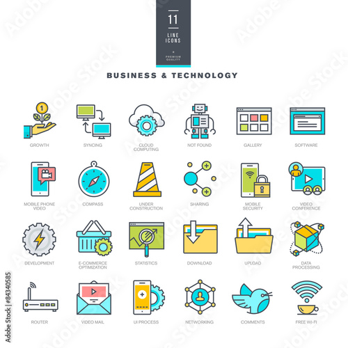 Set of line modern color icons for business and technology    
