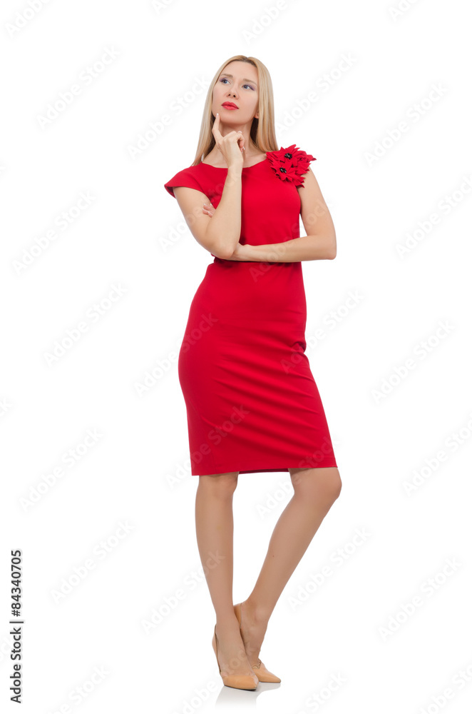 Blond woman in scarlet dress isolated on white Blond woman in scarlet dress isolated on white