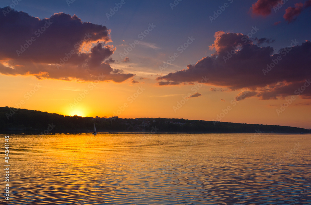 Nice landscape with sunset on lake.