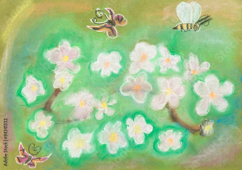 children drawing - Butterflies fly over meadow