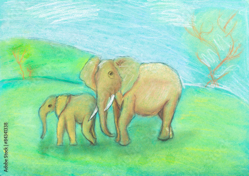 children drawing - Elephant with baby the savannah © vvoe