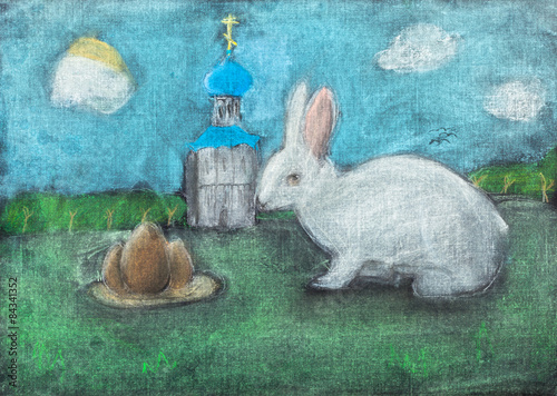 children drawing of Easter symbols by dry pastel