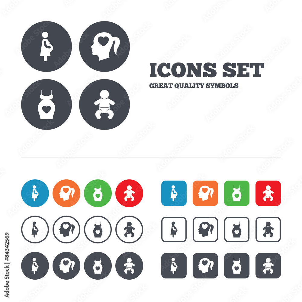 Maternity icons. Baby infant, pregnancy, dress. Maternity icons. Baby infant, pregnancy, dress.