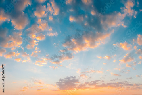 Fototapeta Naklejka Na Ścianę i Meble -  Yellow Blue Sunrise Sky With Sunlight