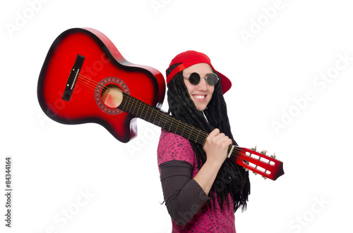 Woman guitar player isolated on white