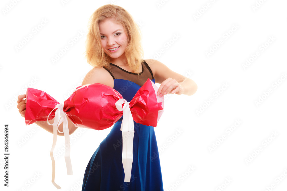 holidays love happiness concept - girl with red gift holidays love happiness concept - girl with red gift