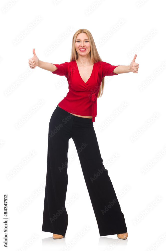 Young woman in flared pants isolated on white Young woman in flared pants isolated on white