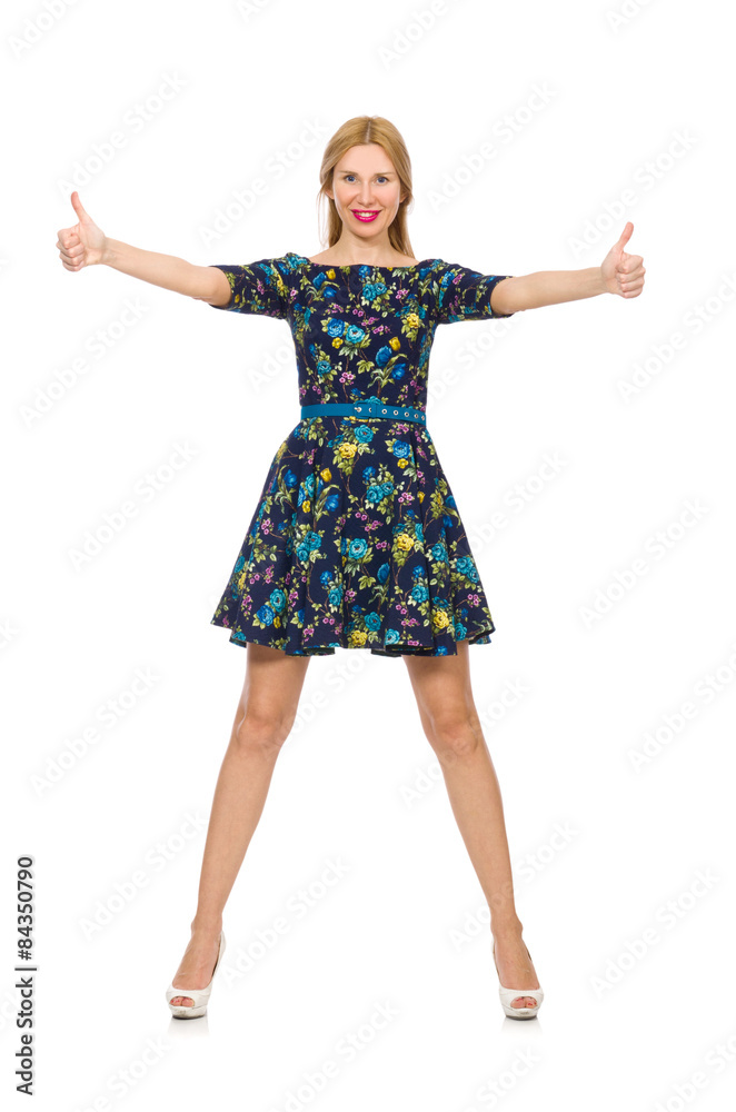 Woman in dark blue floral dress isolated on white Woman in dark blue floral dress isolated on white