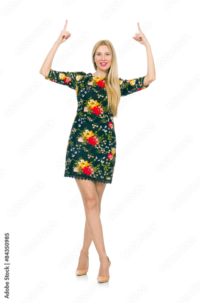 Woman in dark green floral dress isolated on white Woman in dark green floral dress isolated on white