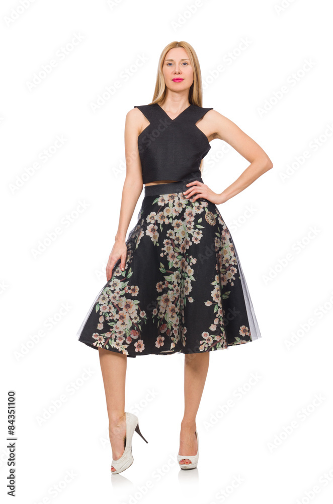 Woman in floral dark skirt isolated on white Woman in floral dark skirt isolated on white