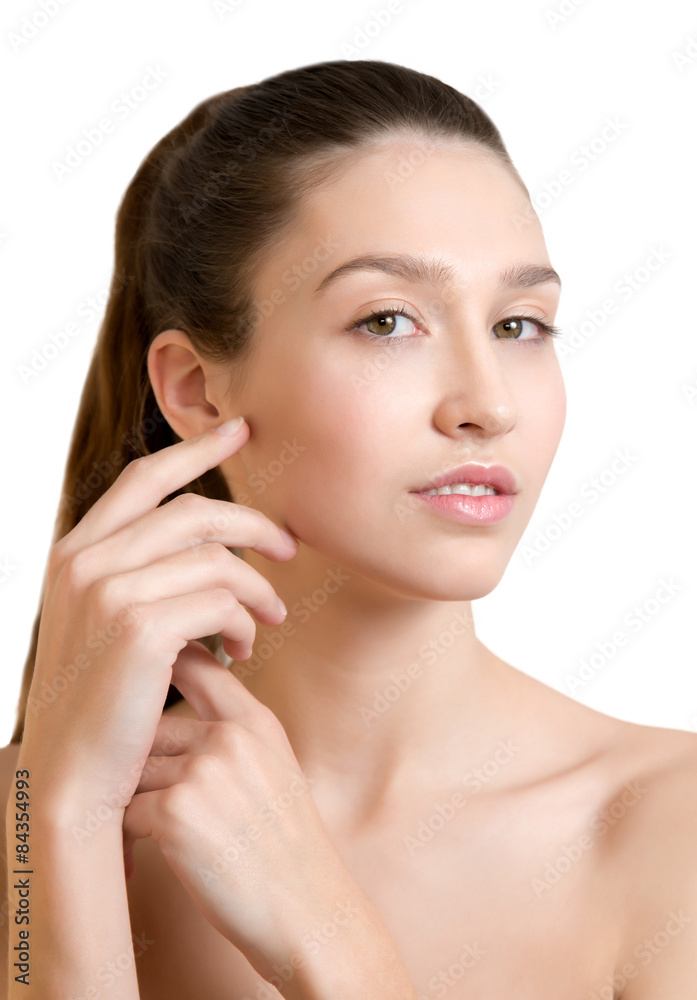 Beautiful young adult woman with clean fresh skin on white backg