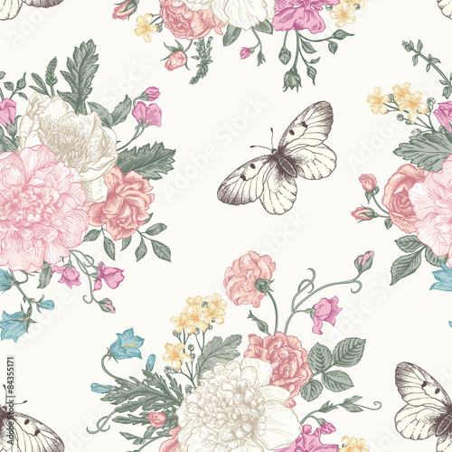 Seamless  pattern  flowers and butterflies.