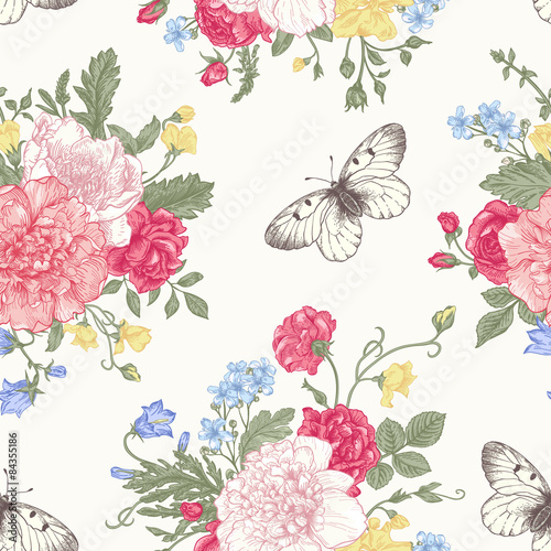 Seamless  pattern  flowers and butterflies.