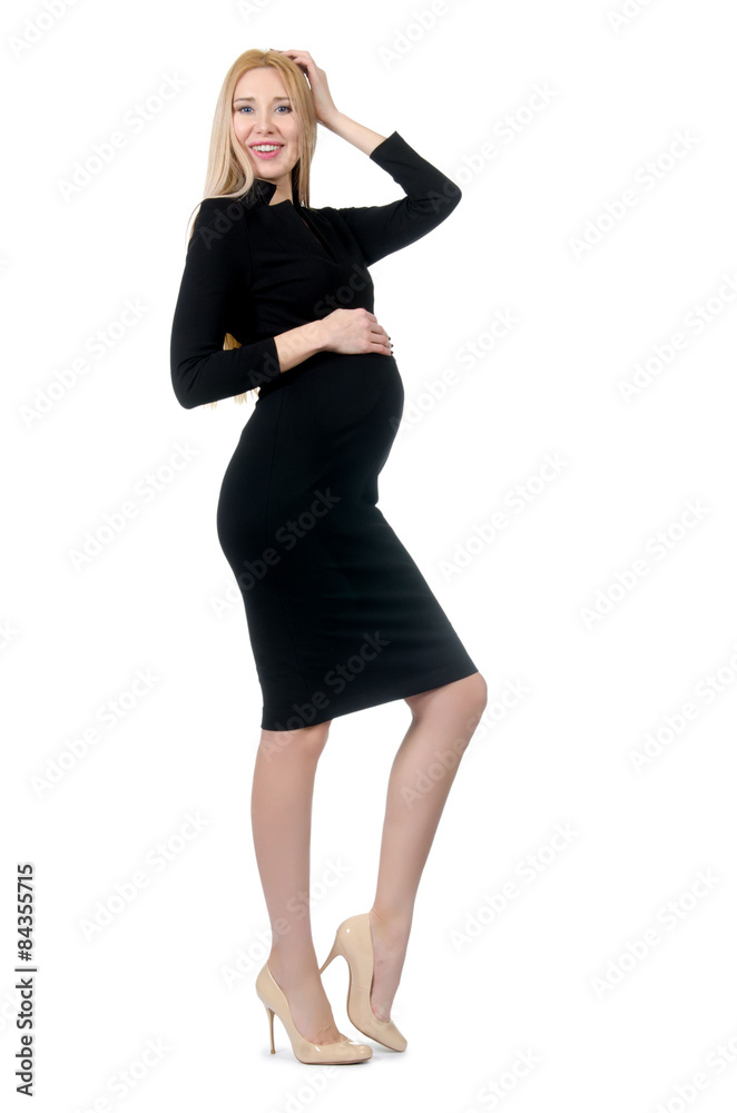 Pretty pregnant woman in black dress isolated on white Pretty pregnant woman in black dress isolated on white