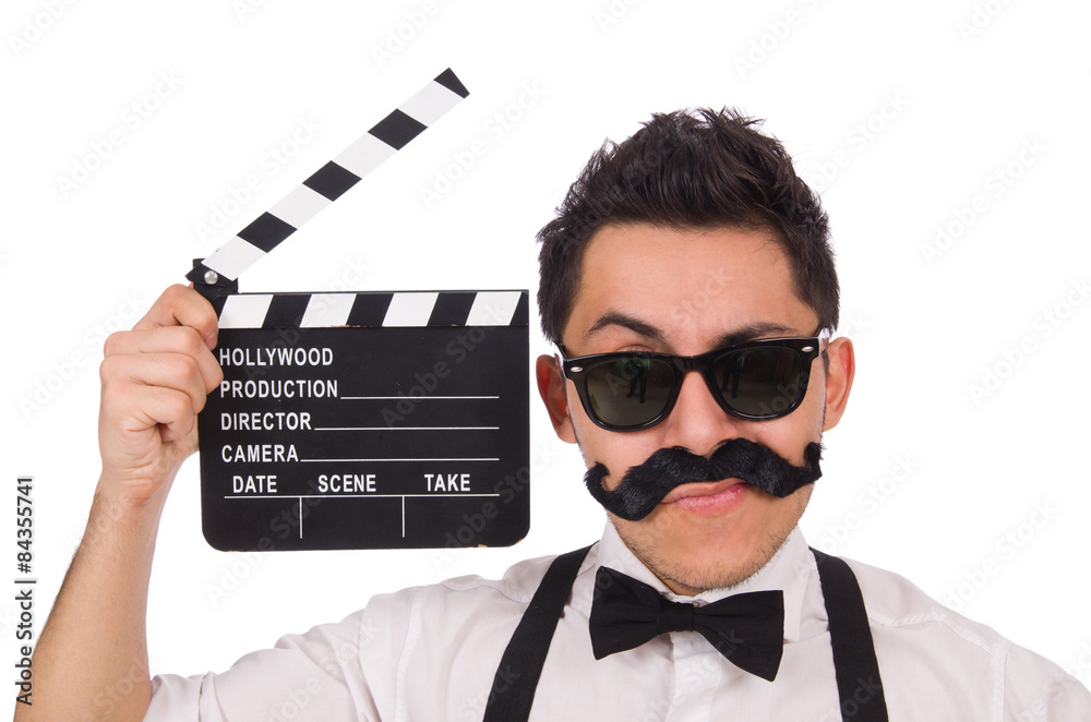 Whiskered young man with clapperboard isolated on white Whiskered young man with clapperboard isolated on white