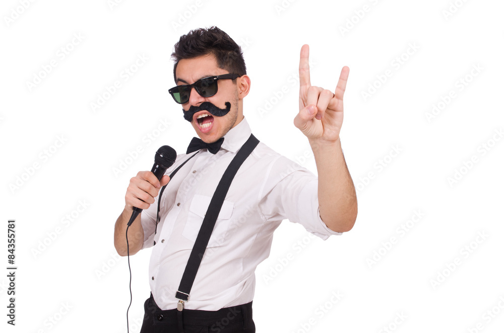 Funny man with mic isolated on white Funny man with mic isolated on white
