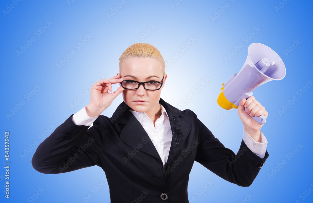 Woman businesswoman with loudspeaker on white Woman businesswoman with loudspeaker on white